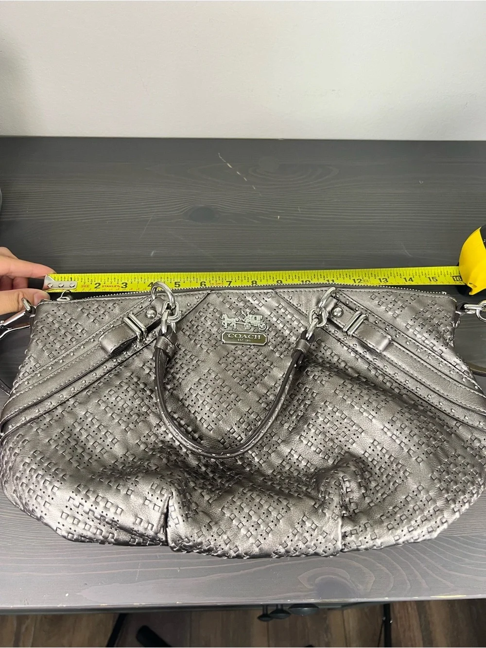 Coach Madison Sophia Pewter Woven Leather Satchel Gun Metal Bag